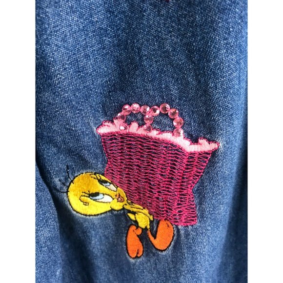 Vintage Warner Bros. Embroidered Denim Button Front Shirt Small Tweety Bird - Picture 5 of 6